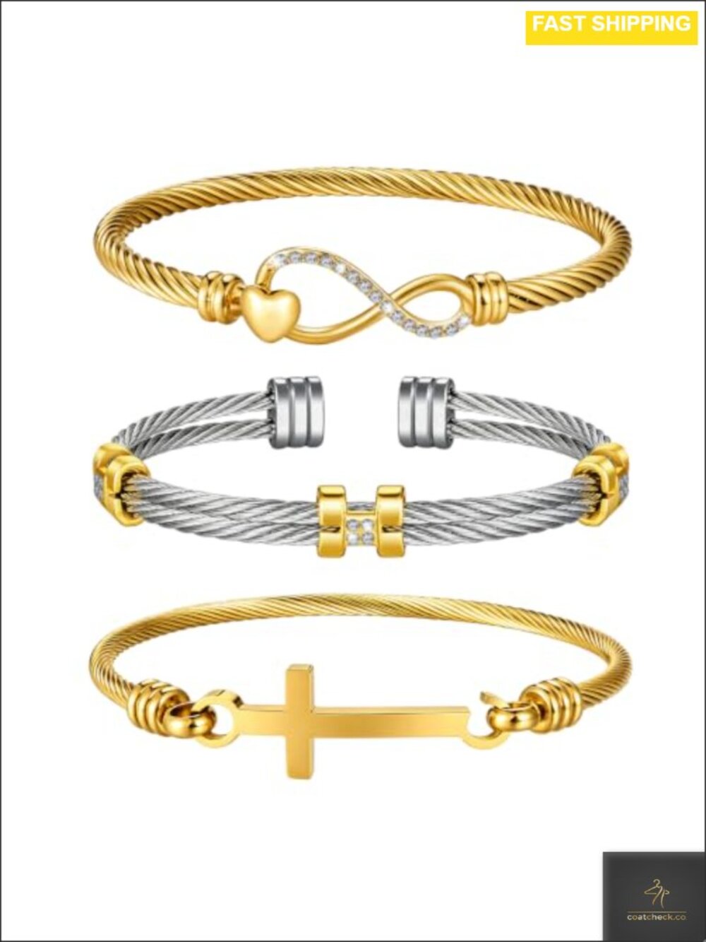 14K Gold Plated Stainless Steel Bracelet Set 3-Piece Stackable Cross Infinity